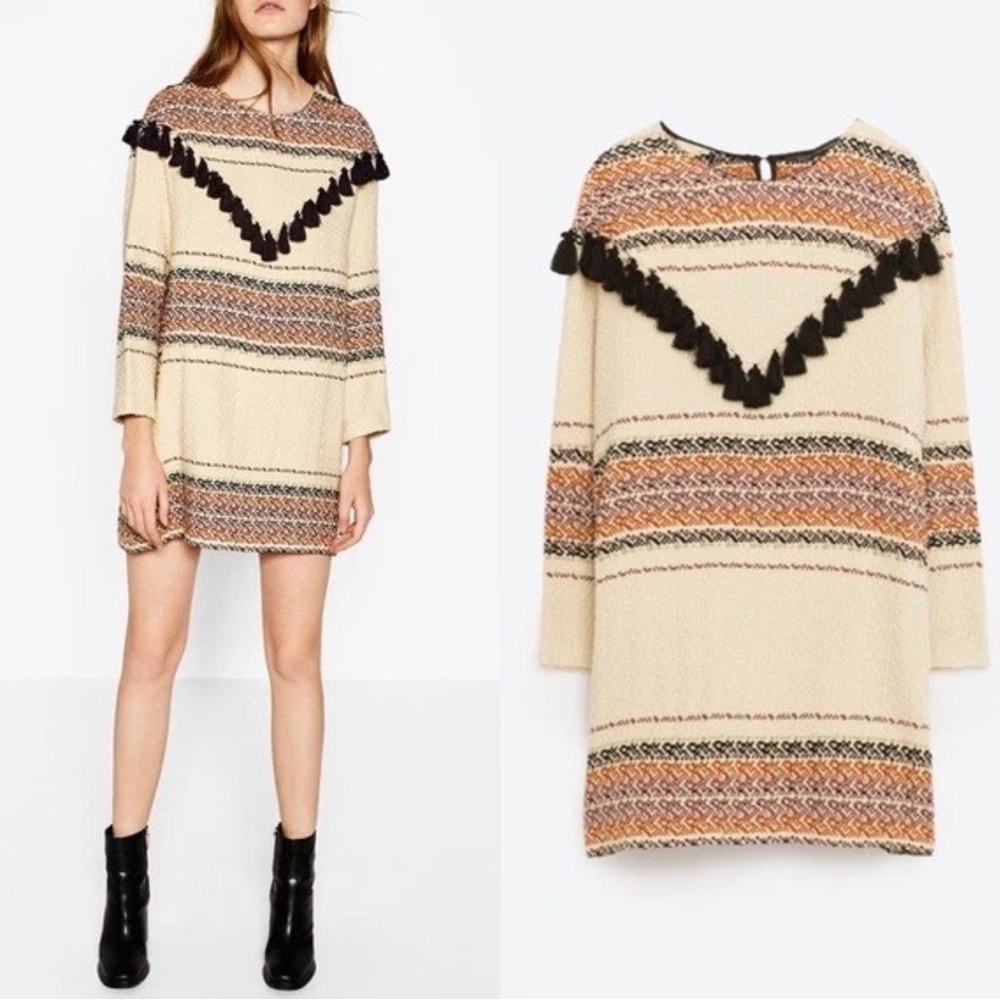 Zara country retro style dress with tassels AW16 Oversized Jacquard 8500/229